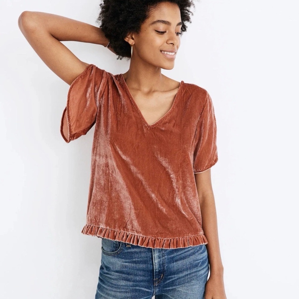 Madewell Velvet V-Neck Ruffle Hem Top